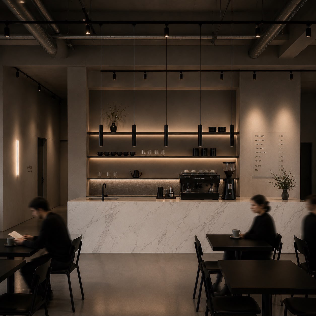Barra y área de mesas de Café CDMX
