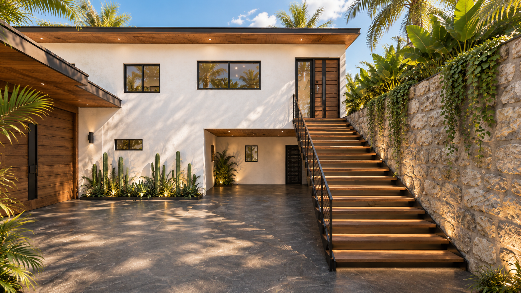 Casa Tecate: Patio y escalera de día — propuesta de diseño