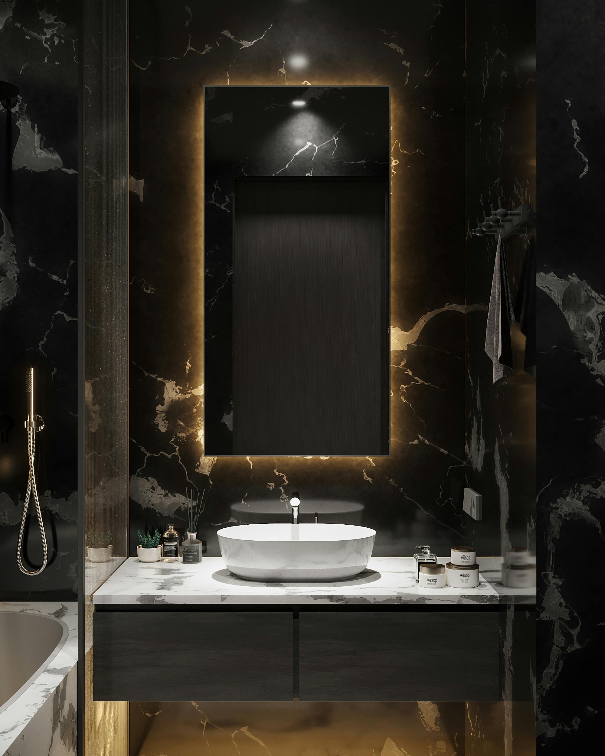 Baño en mármol negro de Departamento 21